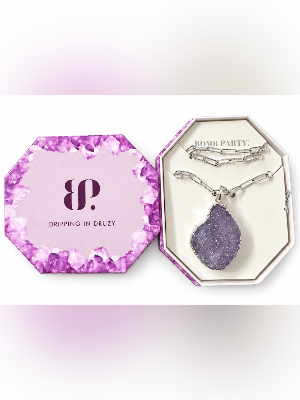 Bomb Party Dripping in Druzy Genuine Lavender Druzy Silver Plated Necklace